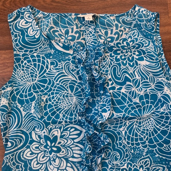 Banana Republic Ruffled Tank Top Women’s 8 Blue White Floral 100% Cotton Blouse - Picture 3 of 8